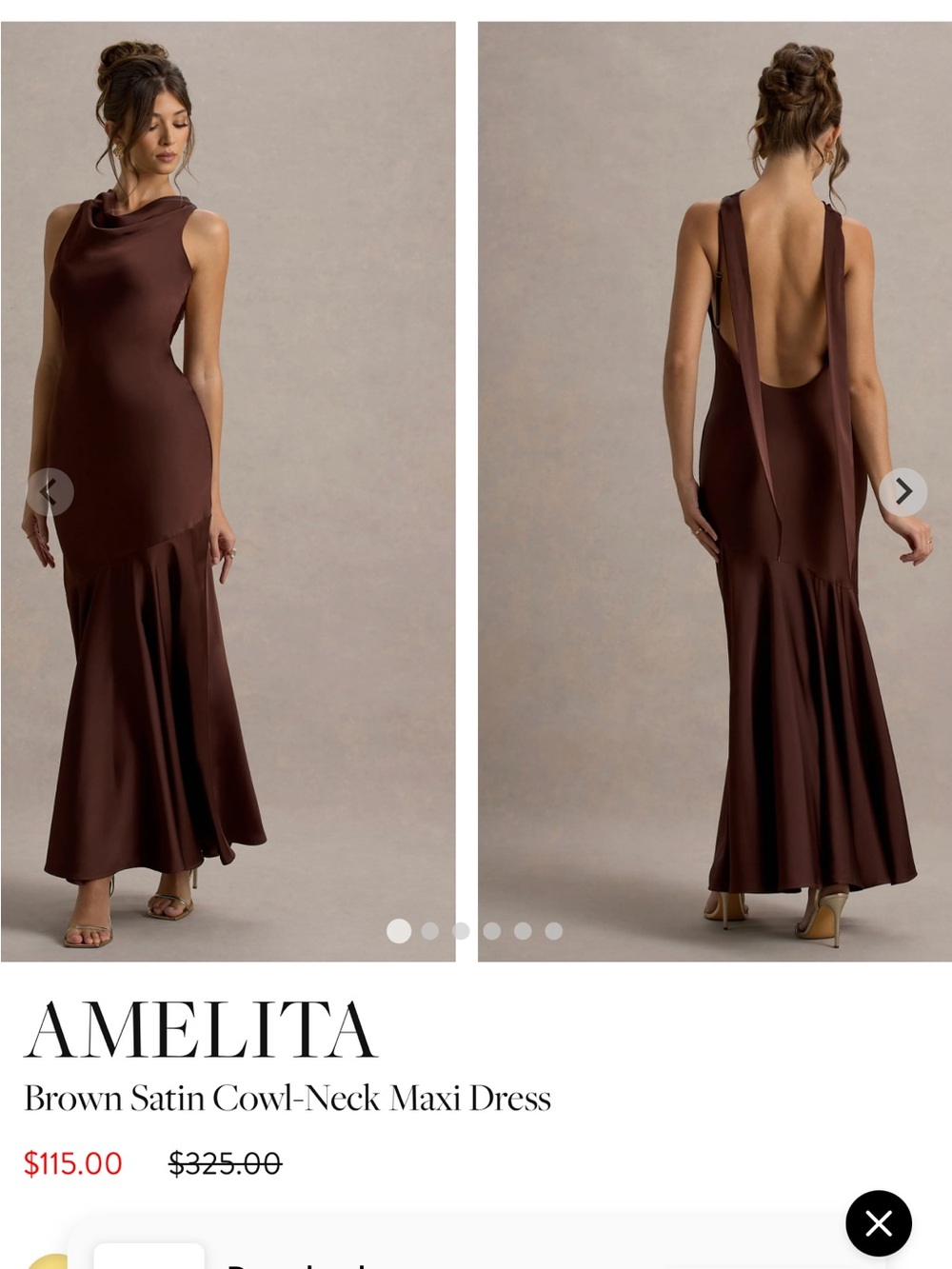Club L London Brown Satin Cowl-Neck Backless Maxi Dress